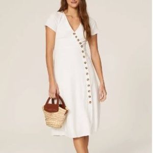 Linen Button-Wrap Midi Dress
